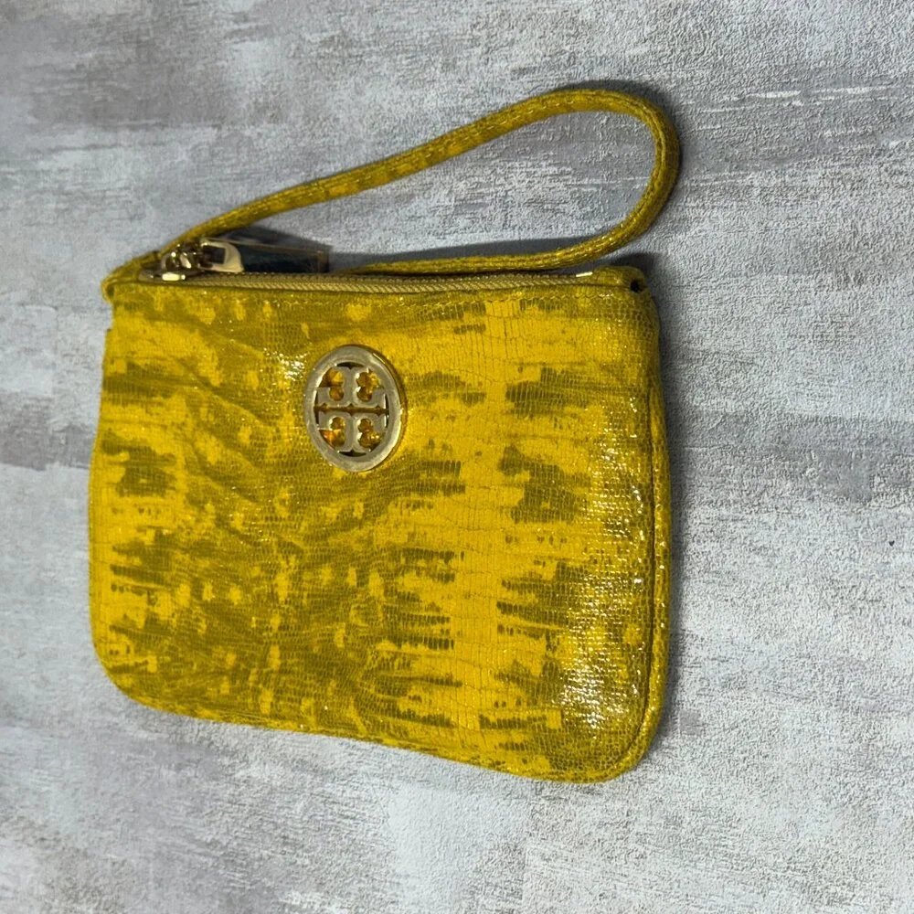 TORY BURCH Reva Croc Embossed Leather Wristlet Wallet - Yellow - Picture 1 of 9